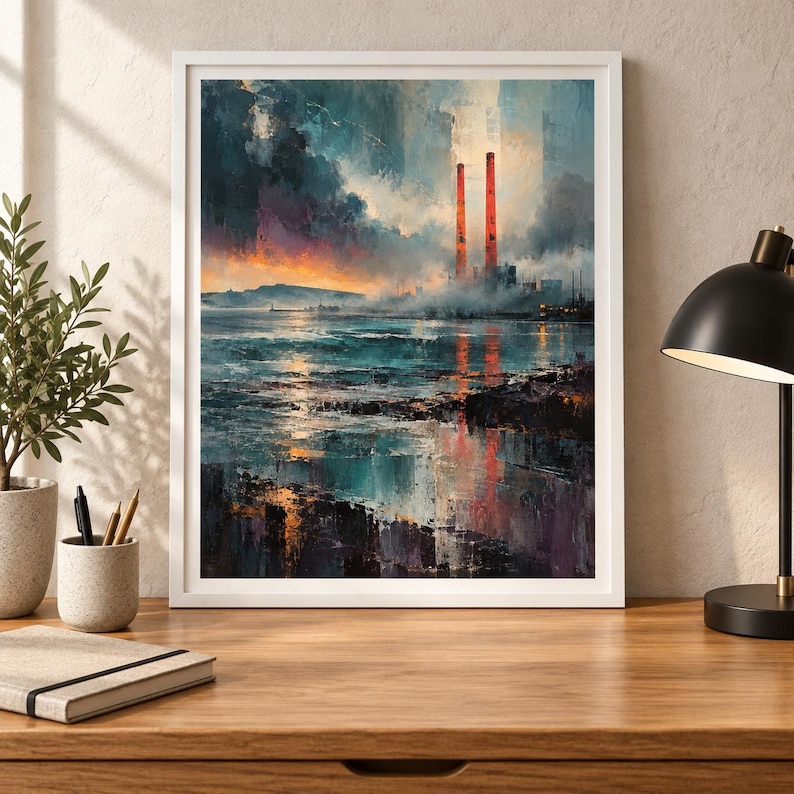 Op de afbeelding: Een ingelijste kunstdruk met een industri&euml;le kustsc&egrave;ne met twee hoge, feloranje schoorstenen die boven een donkere, woelige zee uitsteken. De lucht is gevuld met dramatische, sfeervolle wolken in tinten van diepblauw, grijs en zonsondergangoranje.