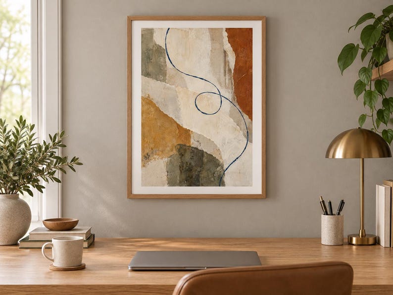 Puede incluir: Una l&aacute;mina de arte abstracto enmarcada con formas org&aacute;nicas superpuestas en tonos terracota, beige, verde oliva y crema, acentuada por una fina l&iacute;nea continua de color azul oscuro que se curva y forma bucles sobre la composici&oacute;n texturizada.