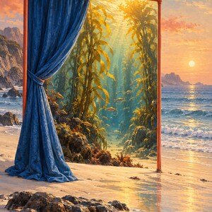 Op de afbeelding: Een vrijstaand koperkleurig metalen frame houdt aan &eacute;&eacute;n kant een blauw gordijn vast, dat een onderwaterwereld met kelpbossen onthult. Het frame staat op een zandstrand bij zonsondergang, met de oceaan en rotsachtige kliffen op de achtergrond.