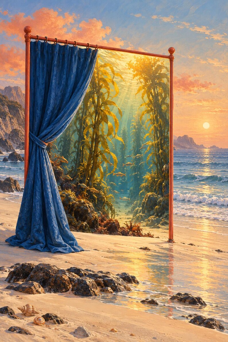 Op de afbeelding: Een vrijstaand koperkleurig metalen frame houdt aan &eacute;&eacute;n kant een blauw gordijn vast, dat een onderwaterwereld met kelpbossen onthult. Het frame staat op een zandstrand bij zonsondergang, met de oceaan en rotsachtige kliffen op de achtergrond.