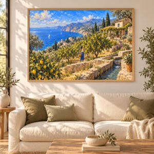 May include: A framed landscape painting depicting a coastal scene with lemon trees, a stone terrace, a small waterfall, and a person standing among the trees. The background features a deep blue sea, distant mountains, and a bright sky with clouds.