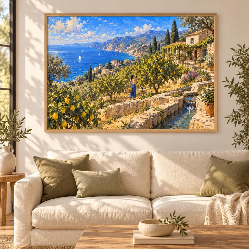 May include: A framed landscape painting depicting a coastal scene with lemon trees, a stone terrace, a small waterfall, and a person standing among the trees. The background features a deep blue sea, distant mountains, and a bright sky with clouds.