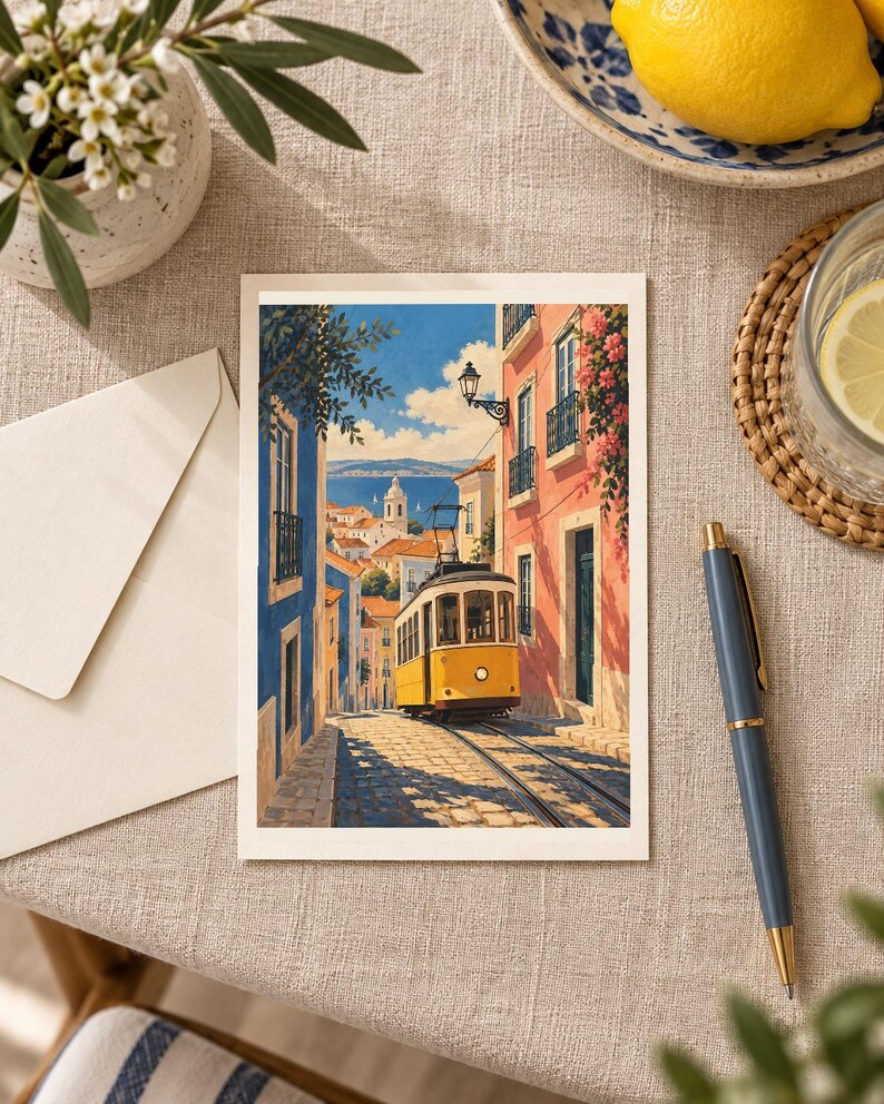 K&ouml;nnte beinhalten: Eine rechteckige Gru&szlig;karte mit einer Illustration einer gelben Stra&szlig;enbahn, die durch eine gepflasterte Stra&szlig;e zwischen blauen und rosafarbenen Geb&auml;uden f&auml;hrt, mit Blick auf eine K&uuml;stenstadt und blauen Himmel bei hellem Sonnenlicht.