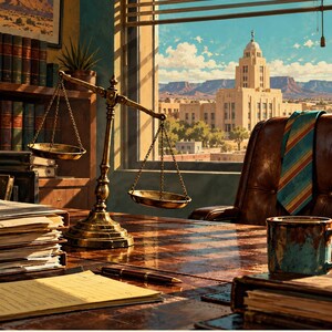 May include: A desk scene featuring a brass scale of justice, a stack of documents, a pen, a mug, and a striped tie draped over a leather chair. A window with blinds overlooks a city building and desert landscape. Text reads Better Call Saul 2015.