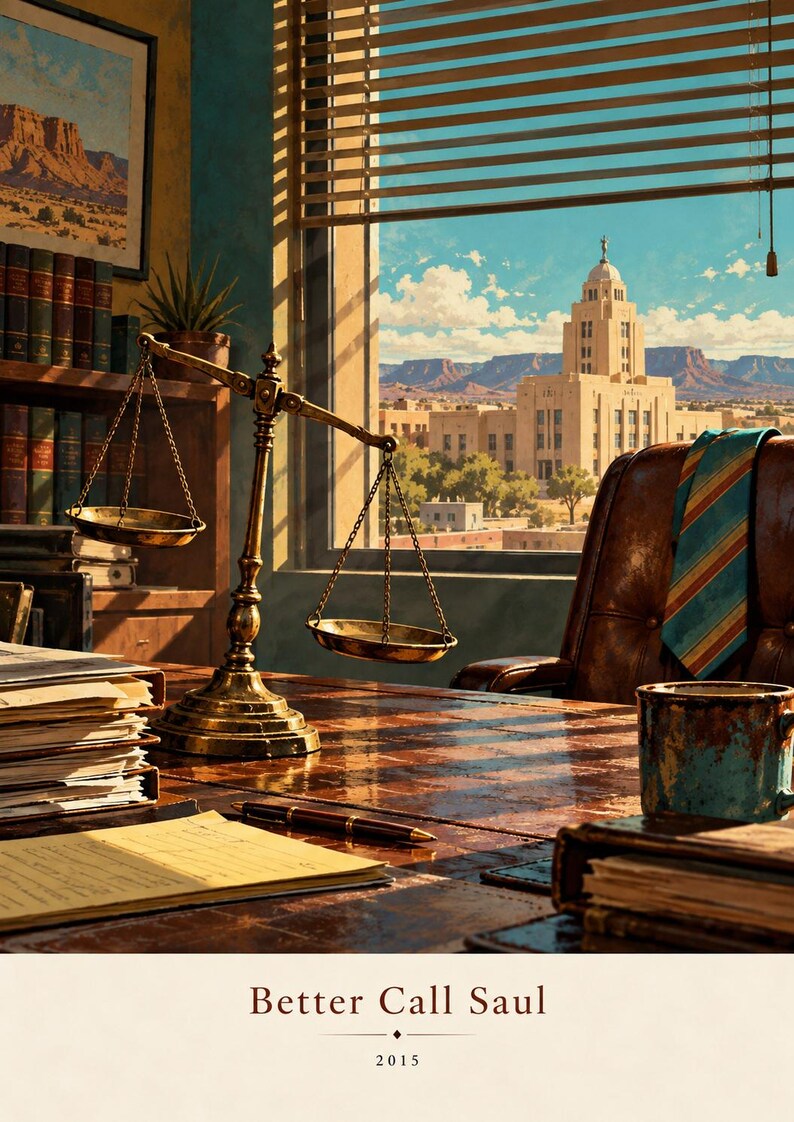 May include: A desk scene featuring a brass scale of justice, a stack of documents, a pen, a mug, and a striped tie draped over a leather chair. A window with blinds overlooks a city building and desert landscape. Text reads Better Call Saul 2015.