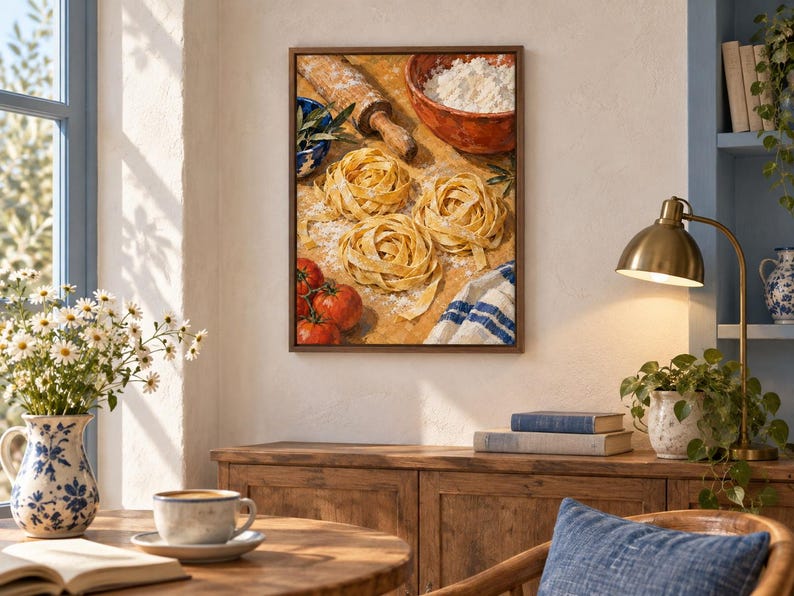May include: A framed wall art print depicting a culinary scene with three nests of fresh yellow pasta, a wooden rolling pin, a bowl of white flour, three red tomatoes, and a blue and white striped cloth on a wooden surface dusted with flour.