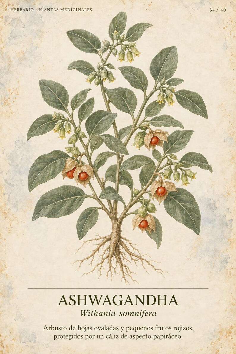 May include: A botanical illustration of an Ashwagandha plant with green oval leaves, small yellow bell-shaped flowers, and round red berries encased in papery calyxes. The roots are visible at the base. Text reads HERBARIO PLANTAS MEDICINALES 34/40.
