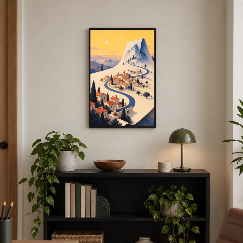 May include: A framed wall art print featuring a stylized landscape illustration of a Mediterranean-style village nestled at the base of a large, snow-capped mountain peak under a warm yellow sky, with a winding blue road leading through the town.
