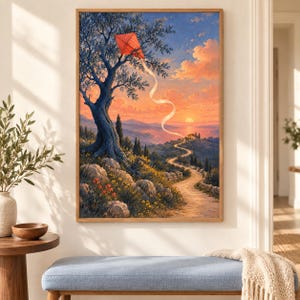 Pu&ograve; includere: Un dipinto paesaggistico incorniciato che raffigura un grande albero con un aquilone rosso impigliato tra i rami. Un sentiero sterrato serpeggiante conduce verso una casa in lontananza sotto un cielo al tramonto con nuvole arancioni.