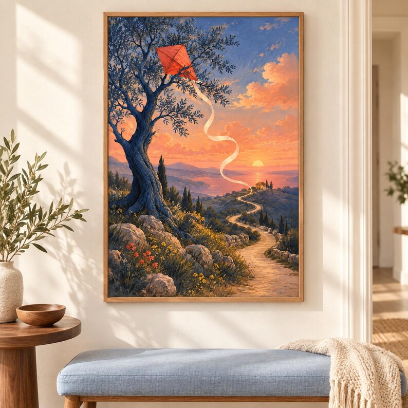 Pu&ograve; includere: Un dipinto paesaggistico incorniciato che raffigura un grande albero con un aquilone rosso impigliato tra i rami. Un sentiero sterrato serpeggiante conduce verso una casa in lontananza sotto un cielo al tramonto con nuvole arancioni.