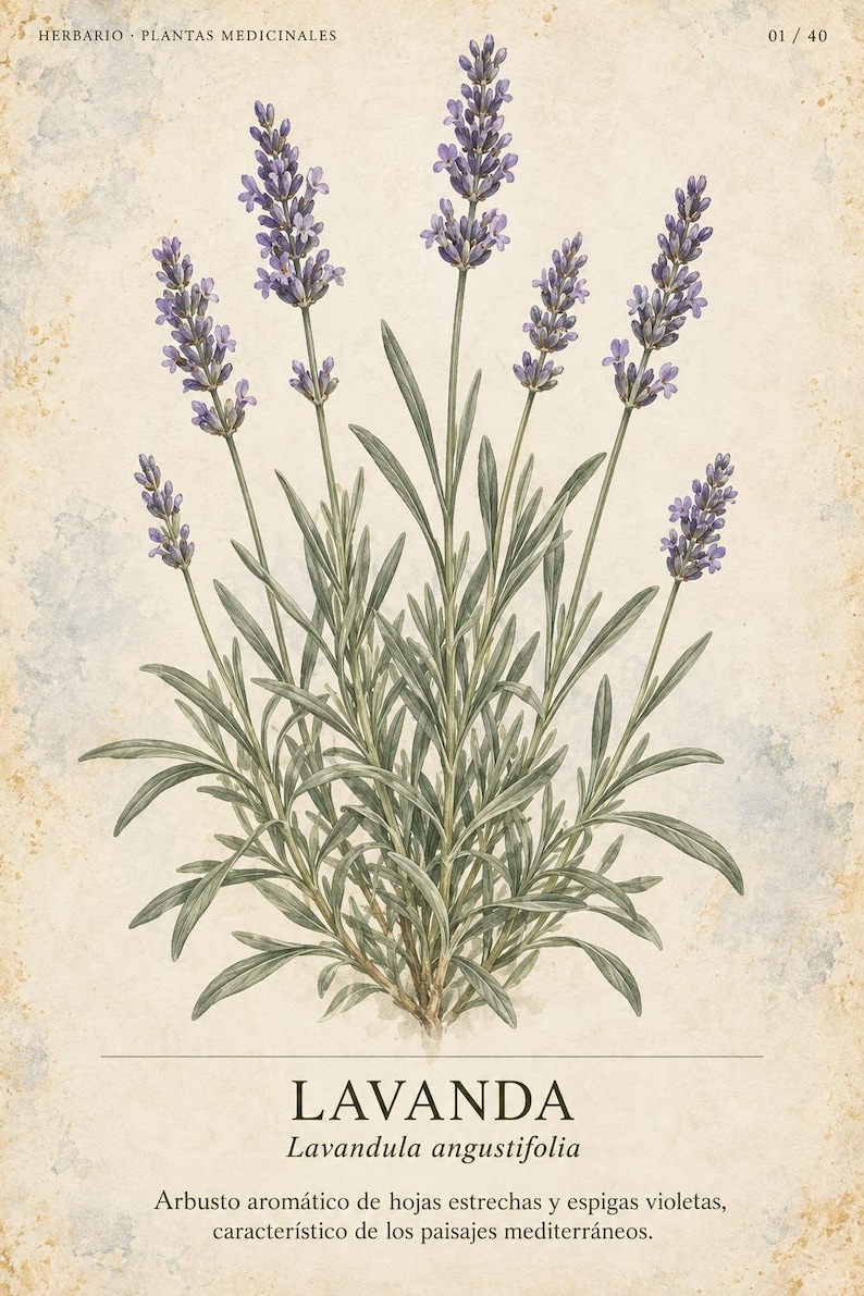May include: A botanical illustration of a lavender plant with purple flower spikes and narrow green leaves on a textured beige background. The text reads HERBARIO PLANTAS MEDICINALES 01/40, LAVANDA, Lavandula angustifolia, and a descriptive sentence.