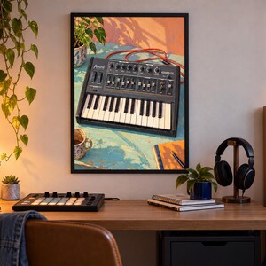 Op de afbeelding: Een ingelijste muurkunstprint met een zwarte Arturia MicroFreak synthesizer met witte toetsen en zwarte knoppen, rustend op een verweerd blauw oppervlak met een rode kabel, een plant in een pot, een keramische mok en een notitieboek met pen.