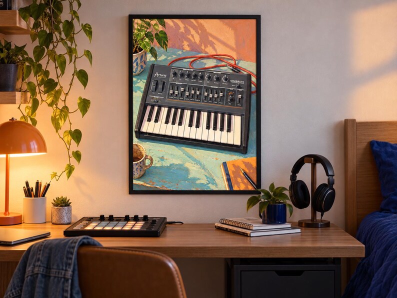 Op de afbeelding: Een ingelijste muurkunstprint met een zwarte Arturia MicroFreak synthesizer met witte toetsen en zwarte knoppen, rustend op een verweerd blauw oppervlak met een rode kabel, een plant in een pot, een keramische mok en een notitieboek met pen.