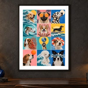 May include: A framed wall art print featuring a grid of twelve colorful illustrations of various dog breeds in whimsical scenarios, including a pug with orange slices over its eyes, a corgi in a seashell, and a poodle emerging from a blue ocean wave.
