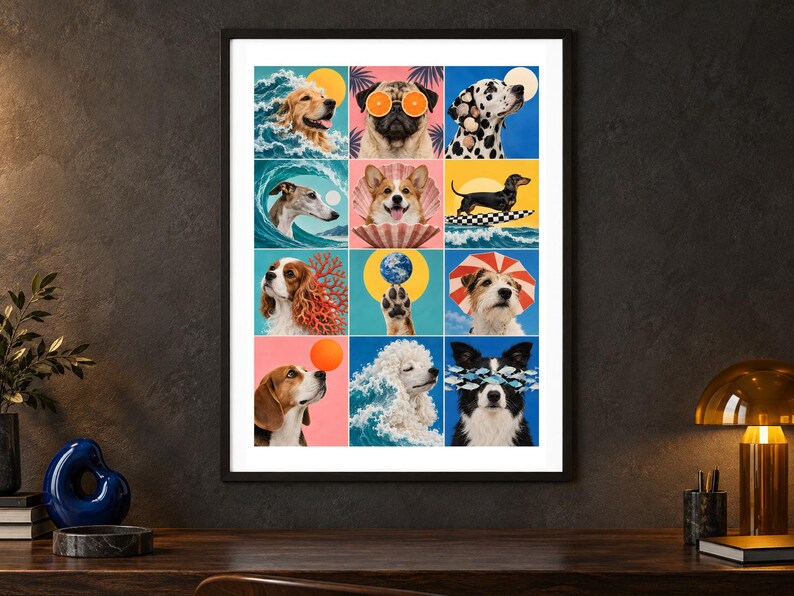 May include: A framed wall art print featuring a grid of twelve colorful illustrations of various dog breeds in whimsical scenarios, including a pug with orange slices over its eyes, a corgi in a seashell, and a poodle emerging from a blue ocean wave.