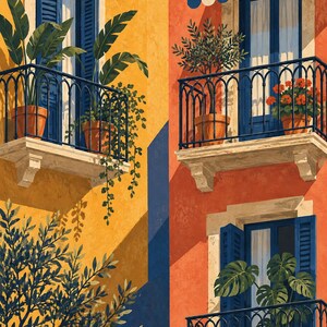 May include: An illustration of building facades with yellow and orange walls featuring blue shutters and balconies. Potted plants including leafy greens and red flowers sit on the balconies. A blue and white striped awning covers one window.