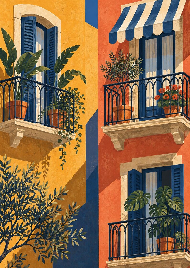 May include: An illustration of building facades with yellow and orange walls featuring blue shutters and balconies. Potted plants including leafy greens and red flowers sit on the balconies. A blue and white striped awning covers one window.