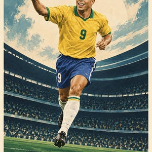 May include: A poster featuring a soccer player in a yellow jersey with the number 9, blue shorts, and white socks, running on a field in a stadium. The text at the bottom reads RONALDO FOOTBALL LEGENDS 02, set against a sky and stadium background.
