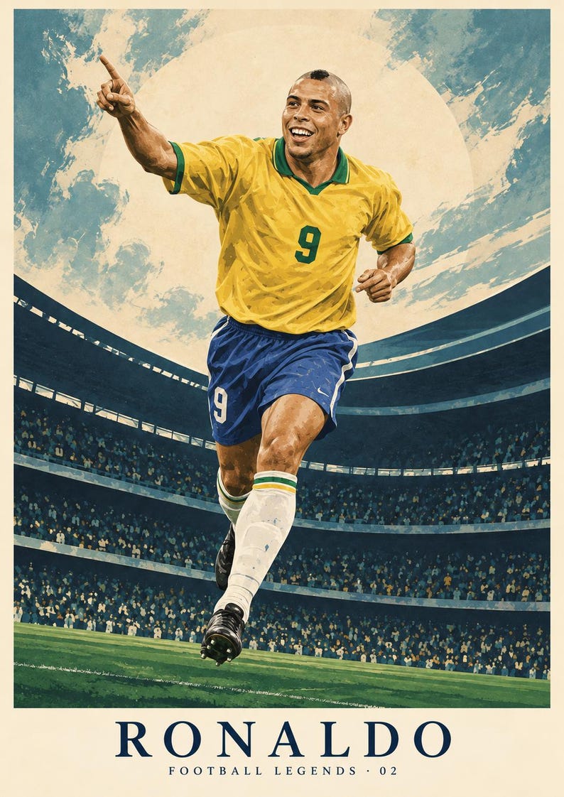 May include: A poster featuring a soccer player in a yellow jersey with the number 9, blue shorts, and white socks, running on a field in a stadium. The text at the bottom reads RONALDO FOOTBALL LEGENDS 02, set against a sky and stadium background.