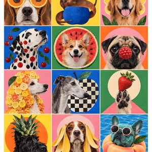 May include: A grid of twelve artistic portraits featuring various dog breeds paired with fruits and patterns. The dogs are depicted with oranges, a blue pear, lemon slices, cherries, watermelon, a raspberry, citrus, a strawberry, pineapple, bananas, and a peach.