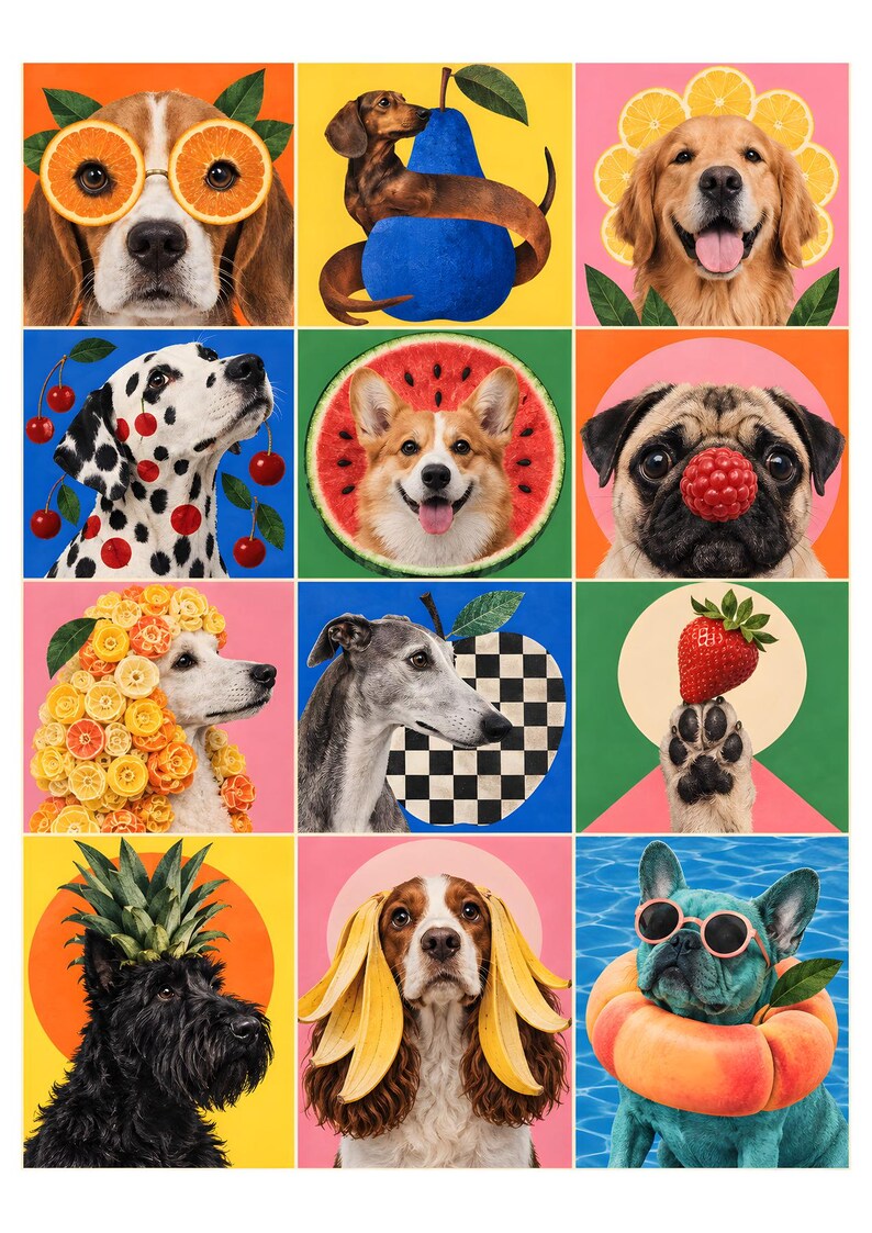 May include: A grid of twelve artistic portraits featuring various dog breeds paired with fruits and patterns. The dogs are depicted with oranges, a blue pear, lemon slices, cherries, watermelon, a raspberry, citrus, a strawberry, pineapple, bananas, and a peach.