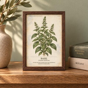 May include: A rectangular dark wood frame containing a botanical print of a basil plant. The print features the text "HERBARIUM MEDICINAL PLANTS", "BASIL", "Ocimum basilicum", and a description of the plant on a cream-colored background.