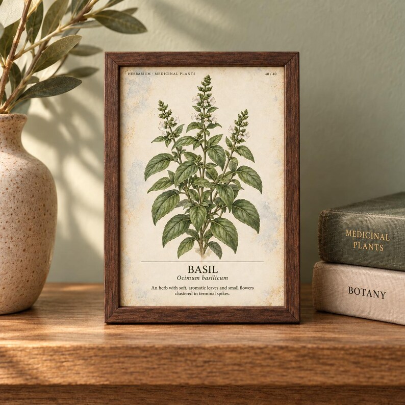 May include: A rectangular dark wood frame containing a botanical print of a basil plant. The print features the text "HERBARIUM MEDICINAL PLANTS", "BASIL", "Ocimum basilicum", and a description of the plant on a cream-colored background.