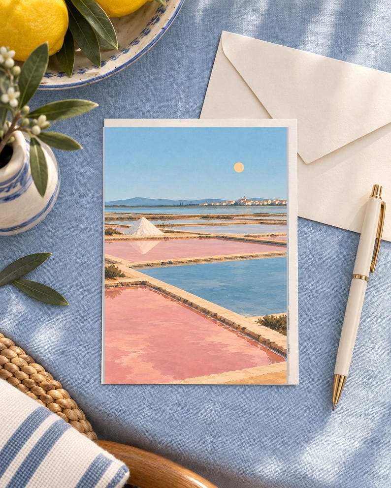May include: A rectangular greeting card featuring a landscape illustration of salt pans with pink and blue water, a white salt mound, and a distant town under a pale sun. The card is placed on a blue fabric surface next to a white envelope and a pen.