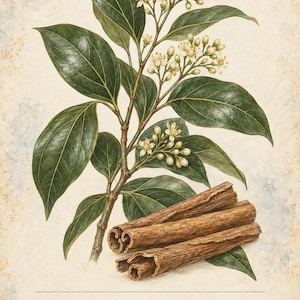 May include: A botanical illustration of a cinnamon plant featuring dark green leaves, small white flowers, and three rolled cinnamon sticks at the base. The text reads HERBARIO PLANTAS MEDICINALES 38/40, CANELA, Cinnamomum verum, and a description.