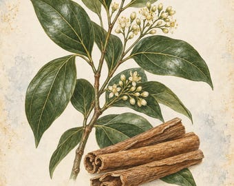 Cinnamon Botanical Print, Canela Herbarium Art, English & Spanish Plant Poster, Digital Download