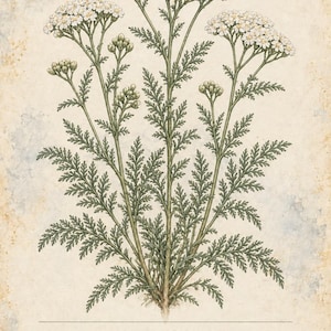 Puede incluir: Una ilustraci&oacute;n bot&aacute;nica de una planta de milenrama con racimos de flores blancas y hojas verdes plumosas sobre un fondo beige texturizado. El texto dice HERBARIO PLANTAS MEDICINALES 29/40, MILENRAMA, Achillea millefolium y una frase descriptiva.