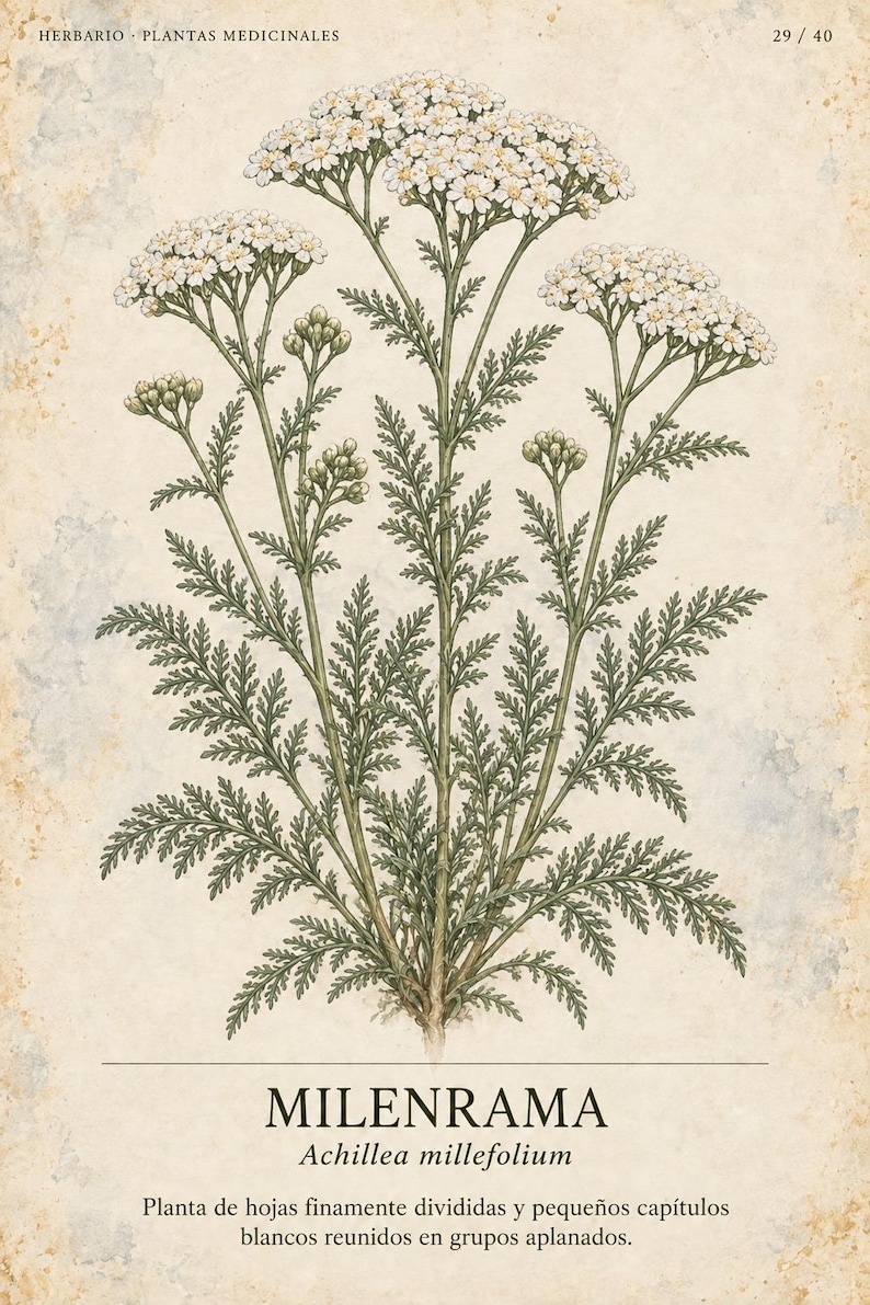 Puede incluir: Una ilustraci&oacute;n bot&aacute;nica de una planta de milenrama con racimos de flores blancas y hojas verdes plumosas sobre un fondo beige texturizado. El texto dice HERBARIO PLANTAS MEDICINALES 29/40, MILENRAMA, Achillea millefolium y una frase descriptiva.