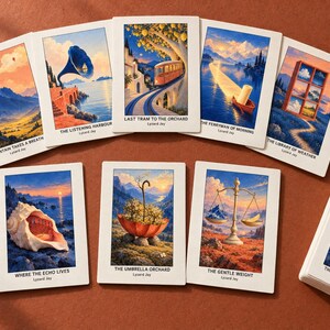 Pu&ograve; includere: Una collezione di carte artistiche rettangolari con illustrazioni surreali e titoli come A Mountain Takes a Breath, The Listening Harbour, Last Tram to the Orchard, The Ferryman of Morning, The Library of Weather, Where the Echo Lives, The Umbrella Orchard, The Gentle Weight e The Keeper of Footsteps.