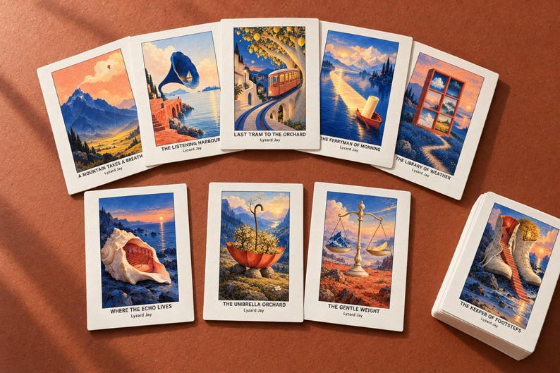 Pu&ograve; includere: Una collezione di carte artistiche rettangolari con illustrazioni surreali e titoli come A Mountain Takes a Breath, The Listening Harbour, Last Tram to the Orchard, The Ferryman of Morning, The Library of Weather, Where the Echo Lives, The Umbrella Orchard, The Gentle Weight e The Keeper of Footsteps.