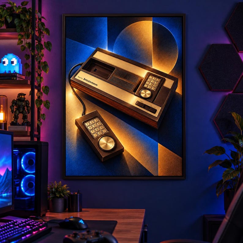 Puede incluir: Un cuadro decorativo enmarcado que muestra una consola de videojuegos vintage Mattel Intellivision con un mando con cable. La consola tiene un acabado de madera, un teclado num&eacute;rico y un disco de control plateado sobre un fondo geom&eacute;trico azul y dorado.