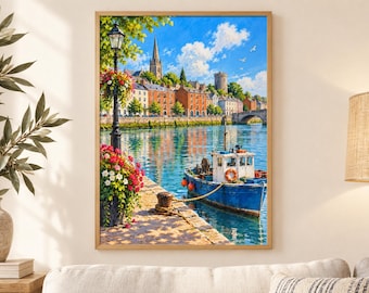 Drogheda Boyne Quays Wall Art, Blue Boat, Irish Riverside (A3 Digital Download)