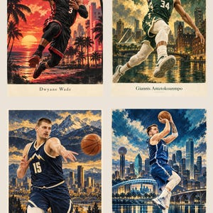 May include: A set of four basketball art prints featuring Dwyane Wade in Miami, Giannis Antetokounmpo in Milwaukee, Nikola Jokic in Denver, and Luka Doncic in Dallas. Each portrait depicts the athlete in action with a city skyline background.
