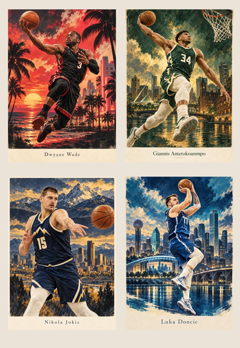 May include: A set of four basketball art prints featuring Dwyane Wade in Miami, Giannis Antetokounmpo in Milwaukee, Nikola Jokic in Denver, and Luka Doncic in Dallas. Each portrait depicts the athlete in action with a city skyline background.