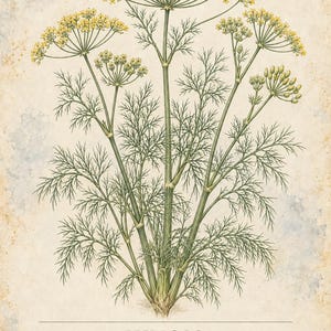 Puede incluir: Una ilustraci&oacute;n bot&aacute;nica de una planta de hinojo con hojas verdes filiformes y racimos de peque&ntilde;as flores amarillas. El texto dice HERBARIO PLANTAS MEDICINALES 19/40, HINOJO, Foeniculum vulgare, y una descripci&oacute;n de la planta en espa&ntilde;ol.