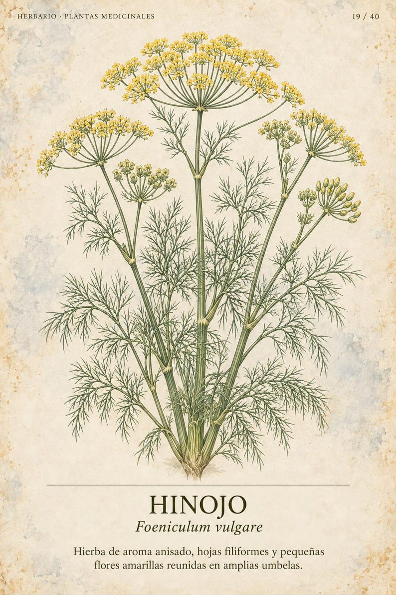 Puede incluir: Una ilustraci&oacute;n bot&aacute;nica de una planta de hinojo con hojas verdes filiformes y racimos de peque&ntilde;as flores amarillas. El texto dice HERBARIO PLANTAS MEDICINALES 19/40, HINOJO, Foeniculum vulgare, y una descripci&oacute;n de la planta en espa&ntilde;ol.