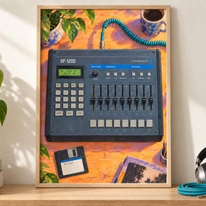May include: A framed print featuring a dark gray E-mu Systems SP-1200 drum machine with a digital display, numeric keypad, and eight vertical faders. The device is connected by a teal coiled cable, accompanied by a floppy disk and a coffee mug.