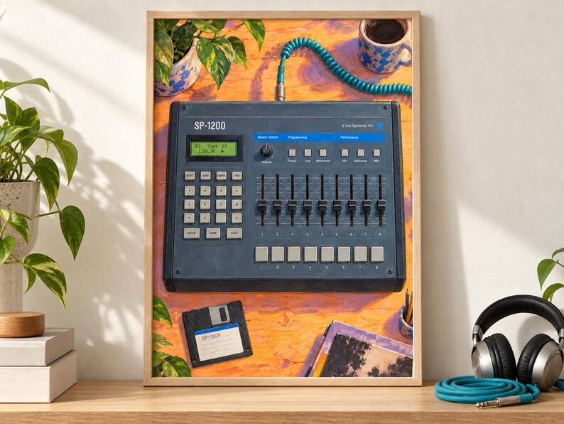 May include: A framed print featuring a dark gray E-mu Systems SP-1200 drum machine with a digital display, numeric keypad, and eight vertical faders. The device is connected by a teal coiled cable, accompanied by a floppy disk and a coffee mug.