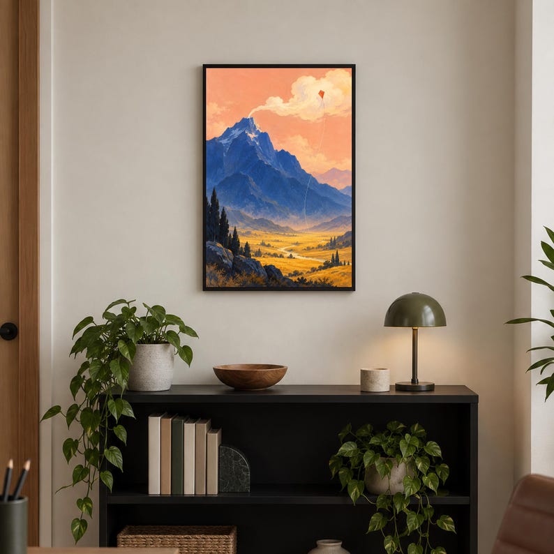 May include: A framed vertical wall art print depicting a landscape with a large blue mountain peak, a golden valley, and a small red kite flying in a soft orange sky. The scene features dark green pine trees in the foreground and a winding path.