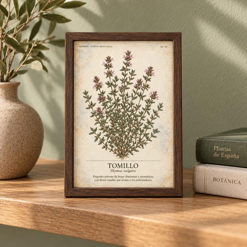 May include: A rectangular dark wood frame containing a botanical print of a thyme plant with small green leaves and pink flowers. The print features the text TOMILLO, Thymus vulgaris, and a Spanish description on a cream-colored background.