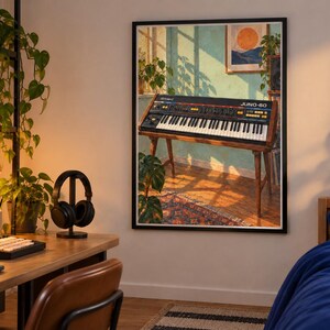 Może przedstawiać: Oprawiony wydruk ścienny przedstawiający syntezator Roland Juno-60 na drewnianym stojaku. Ilustracja ukazuje nasłoneczniony pok&oacute;j z zielonymi ścianami, roślinami doniczkowymi i wzorzystym dywanem, uwzględniając czarny panel sterowania i klawisze.