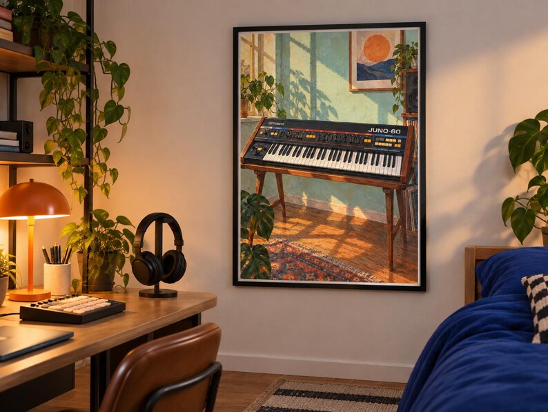 Może przedstawiać: Oprawiony wydruk ścienny przedstawiający syntezator Roland Juno-60 na drewnianym stojaku. Ilustracja ukazuje nasłoneczniony pok&oacute;j z zielonymi ścianami, roślinami doniczkowymi i wzorzystym dywanem, uwzględniając czarny panel sterowania i klawisze.