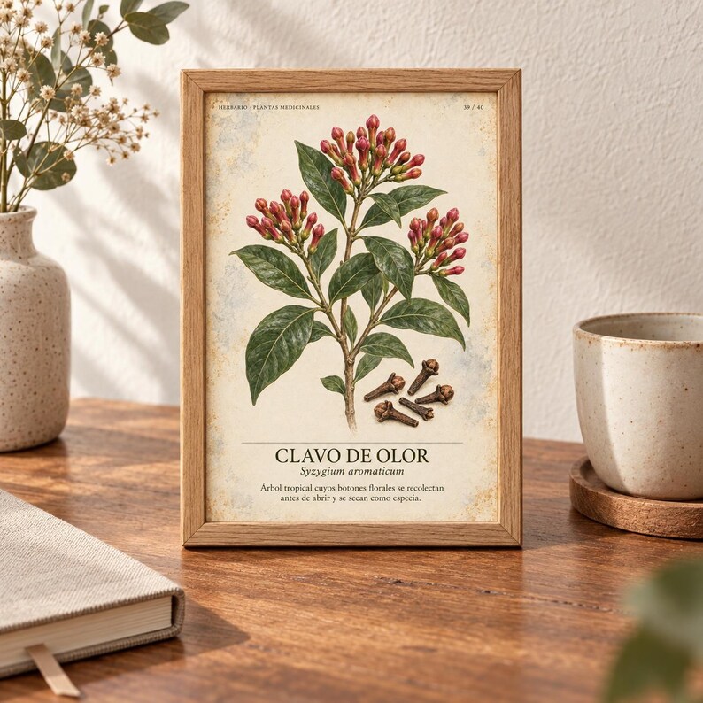 Puede incluir: Una l&aacute;mina bot&aacute;nica enmarcada con una ilustraci&oacute;n detallada de una planta de clavo con hojas verdes y capullos rojos, junto a clavos secos. El texto dice CLAVO DE OLOR, Syzygium aromaticum y un p&aacute;rrafo descriptivo sobre la planta.
