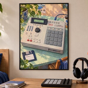 May include: A framed wall art print depicting an Akai MPC 2000XL music production center in a light gray finish with a grid of square pads, a central dial, and a digital display, accompanied by a dark blue floppy disk on a light green table.