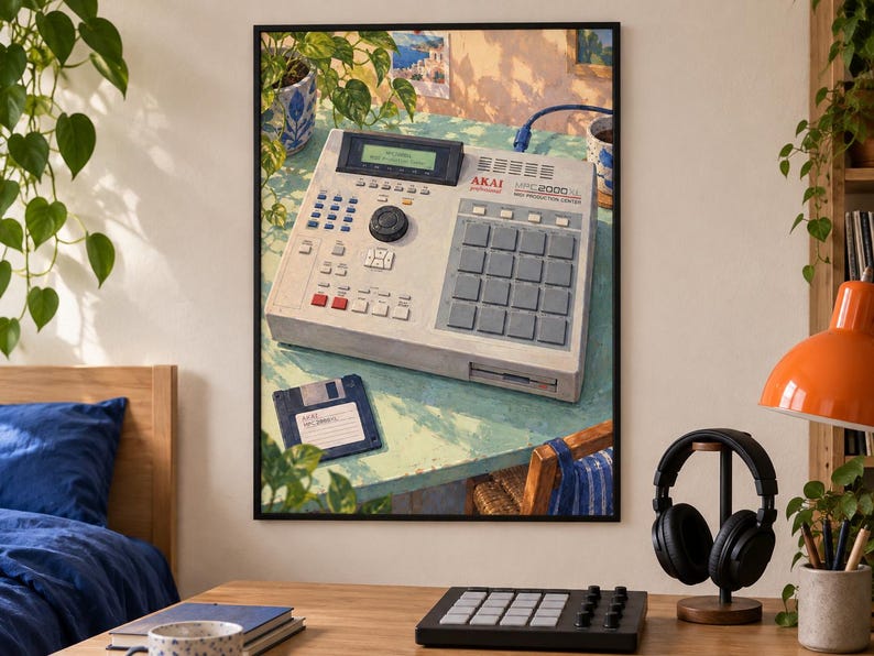May include: A framed wall art print depicting an Akai MPC 2000XL music production center in a light gray finish with a grid of square pads, a central dial, and a digital display, accompanied by a dark blue floppy disk on a light green table.