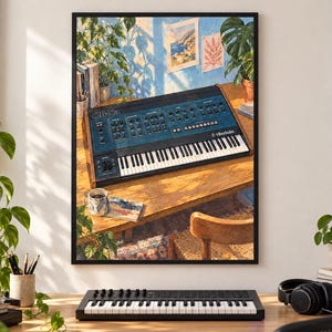 Pu&ograve; includere: Una stampa artistica da parete incorniciata che raffigura un sintetizzatore Oberheim OB-Xa su una scrivania in legno. La scena include una tazza, libri e piante in vaso, con la luce del sole che proietta ombre sulla scrivania e sulla tastiera.